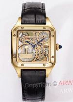 Super Clone Cartier Santos Dumont Skeleton Yellow Gold Black Strap Micro Rotor